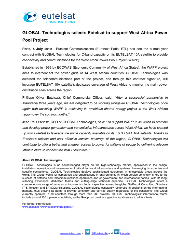 GLOBAL Technologies selects Eutelsat to support West Africa Power Pool project 