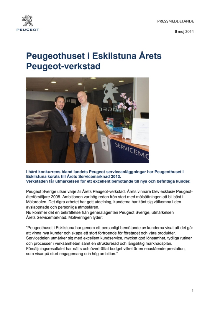 Peugeothuset i Eskilstuna Årets Peugeot-verkstad