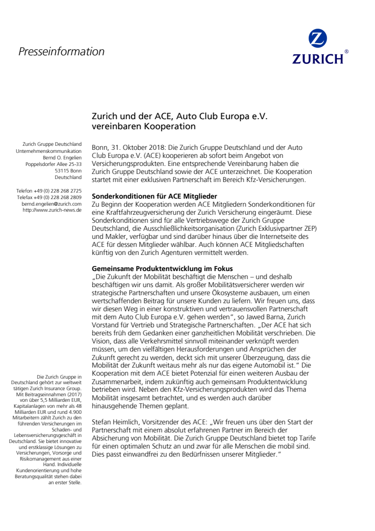Zurich und der ACE, Auto Club Europa e.V. vereinbaren Kooperation