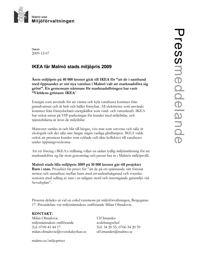 IKEA får Malmö stads miljöpris 2009