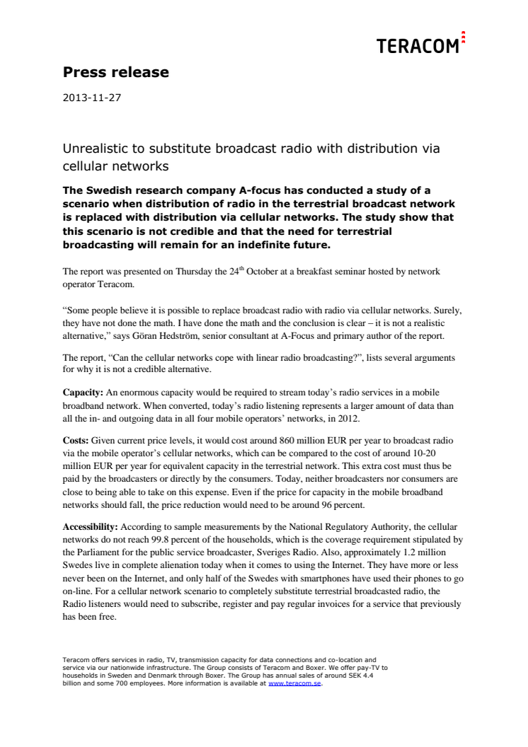 Unrealistic to substitute broadcast radio with distribution via cellular networks