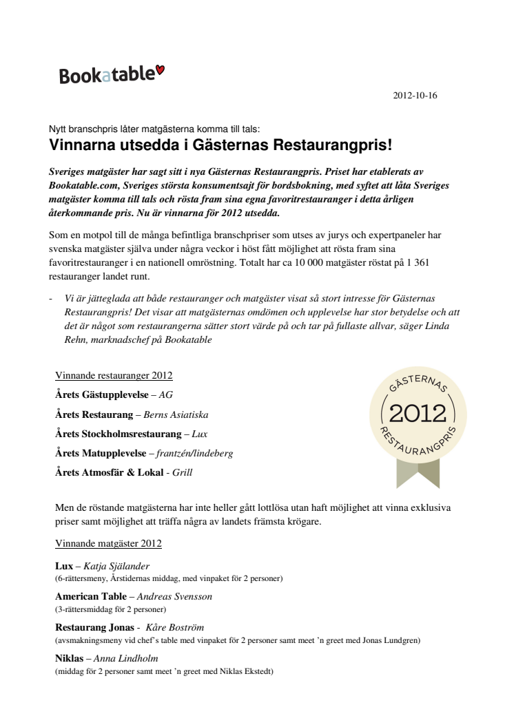 Vinnarna utsedda i nya Gästernas Restaurangpris! 