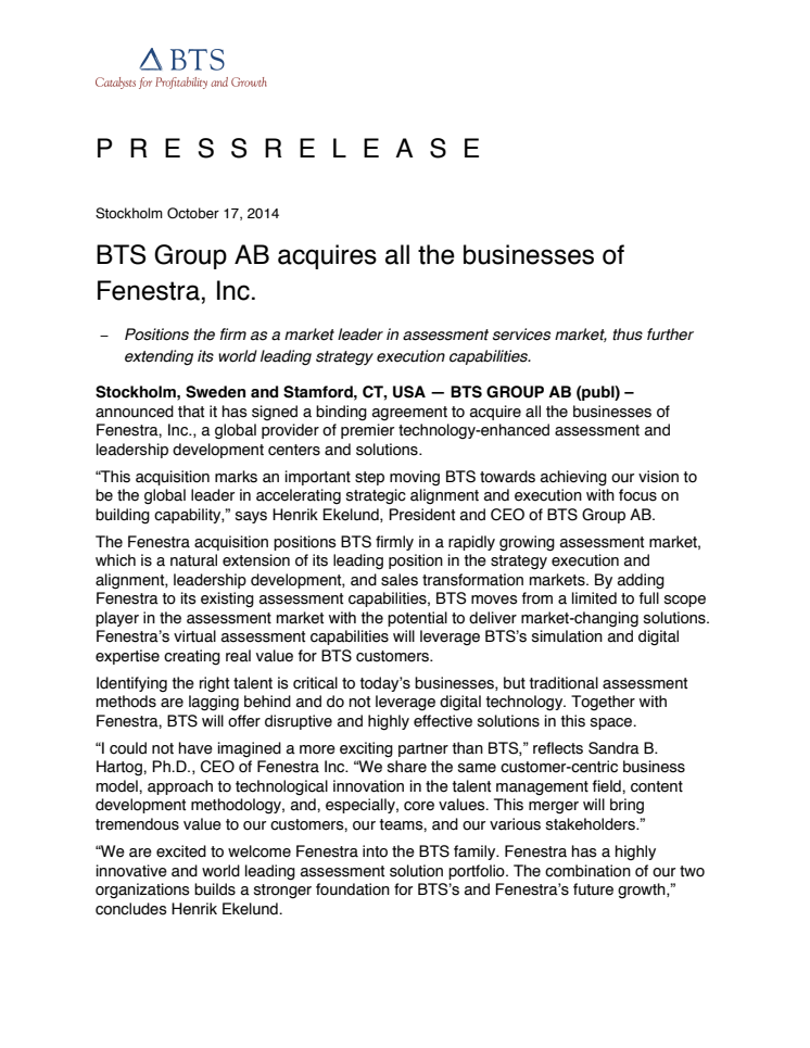 BTS Group AB acquires all the businesses of Fenestra, Inc.