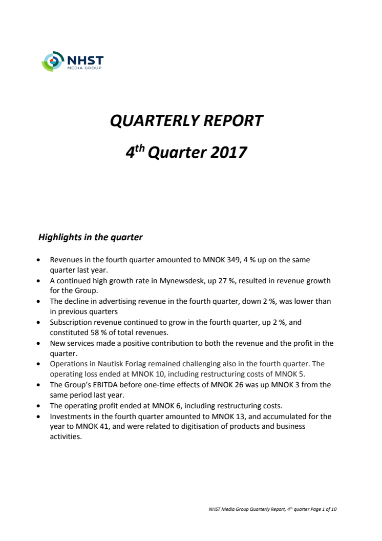 NHST Media Group - Quarterly Report 4th quarter 2017