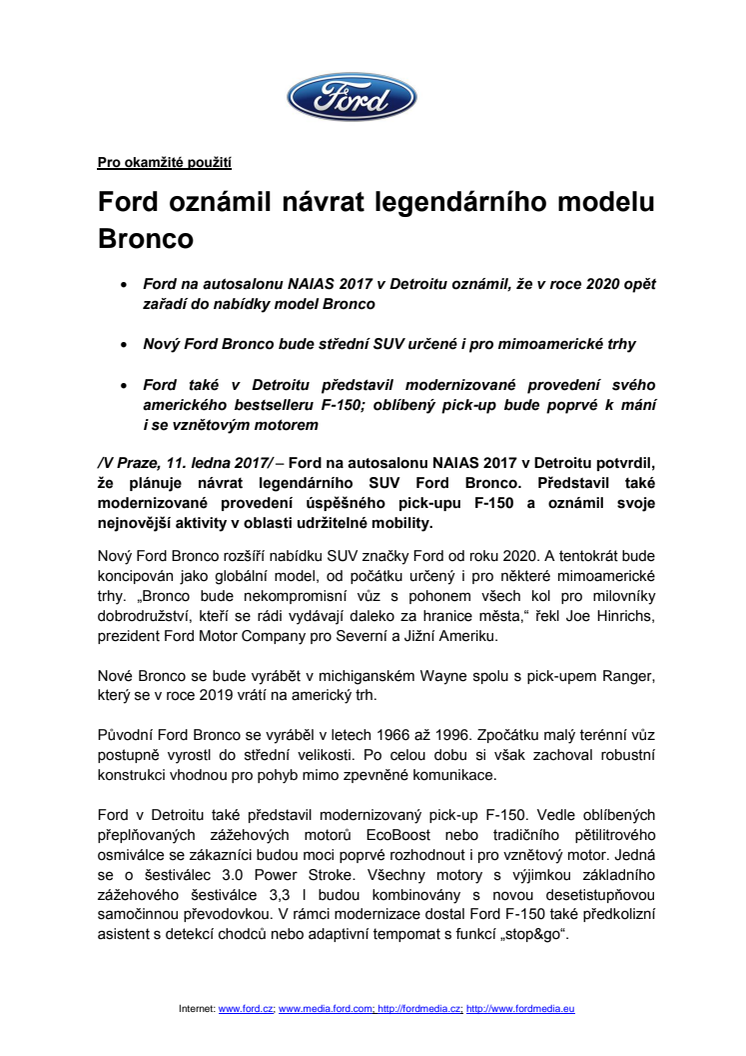 Ford oznámil návrat legendárního modelu Bronco