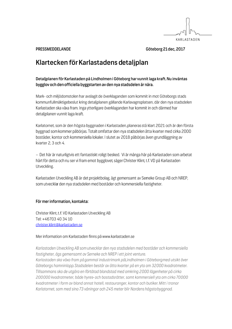 Klartecken för Karlastadens detaljplan