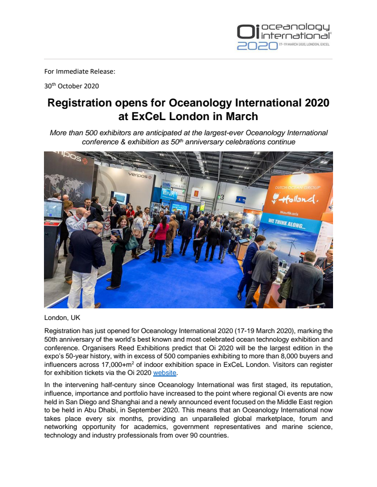Registration opens for Oceanology International 2020 at ExCeL London in March 