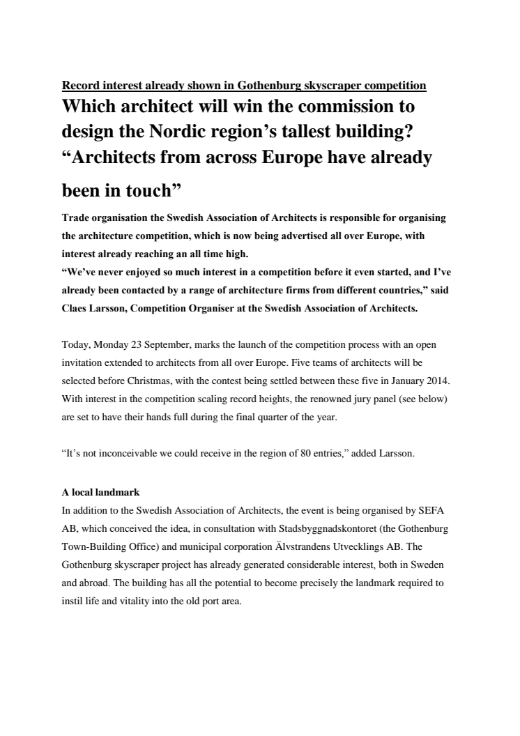Record interest already shown in Gothenburg skyscraper competition