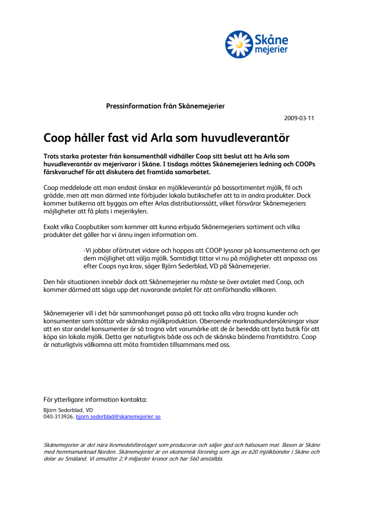 Coop håller fast vid Arla som huvudleverantör