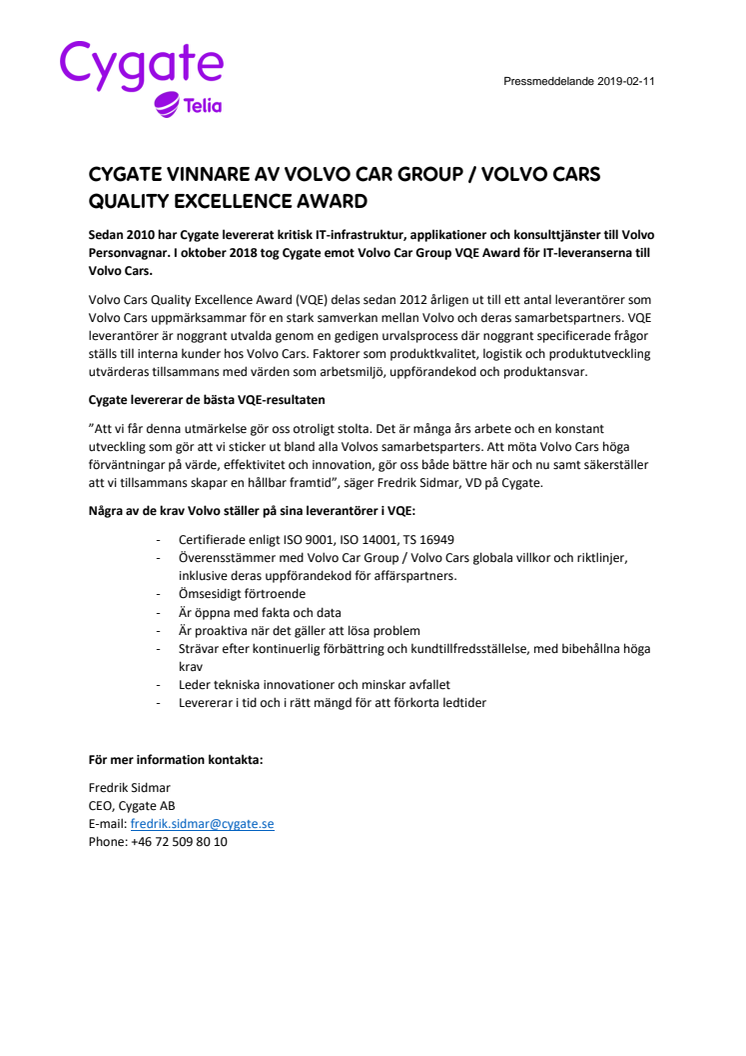 CYGATE VINNARE AV VOLVO CAR GROUP / VOLVO CARS QUALITY EXCELLENCE AWARD