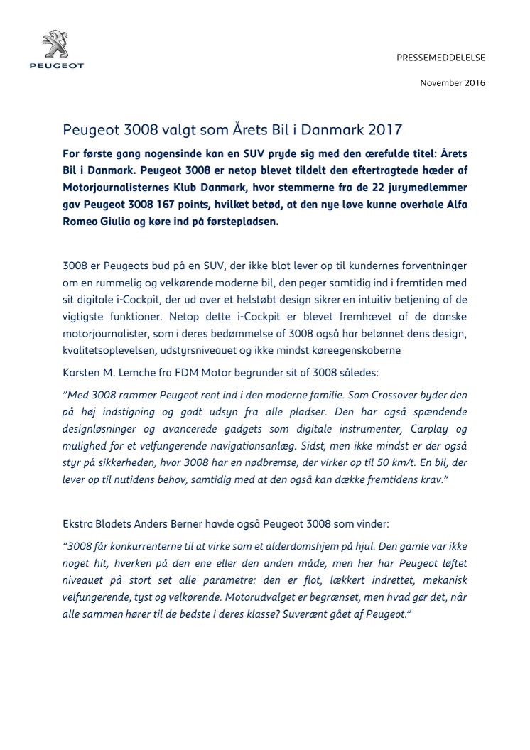 Peugeot 3008 valgt som Årets Bil i Danmark 2017