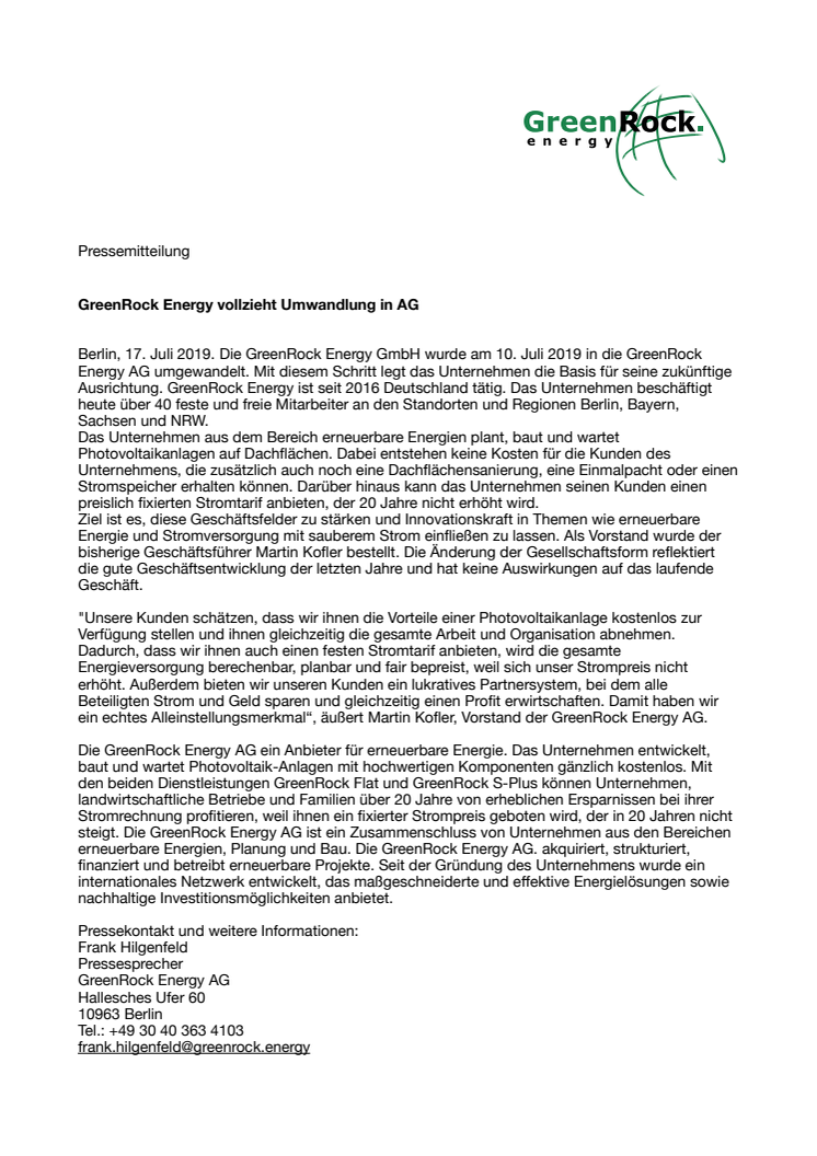 ​GreenRock Energy vollzieht Umwandlung in AG 