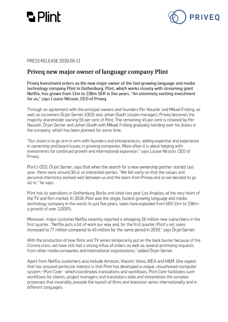 Priveq new major owner of language company Plint