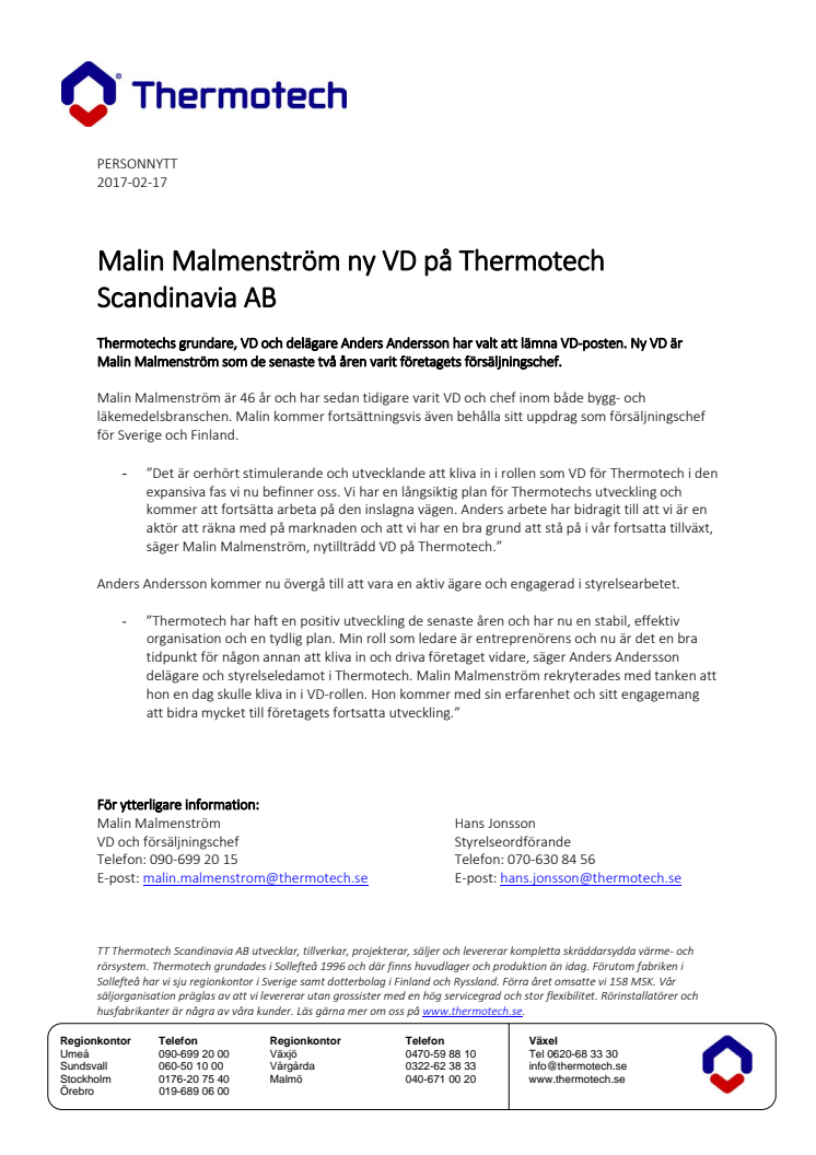 Malin Malmenström ny VD på Thermotech Scandinavia AB
