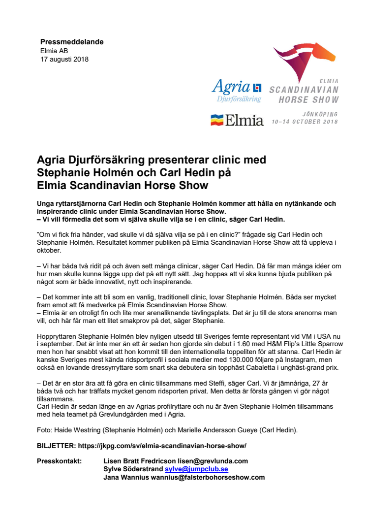 Agria Djurförsäkring presenterar clinic med Stephanie Holmén och Carl Hedin på Elmia Scandinavian Horse Show