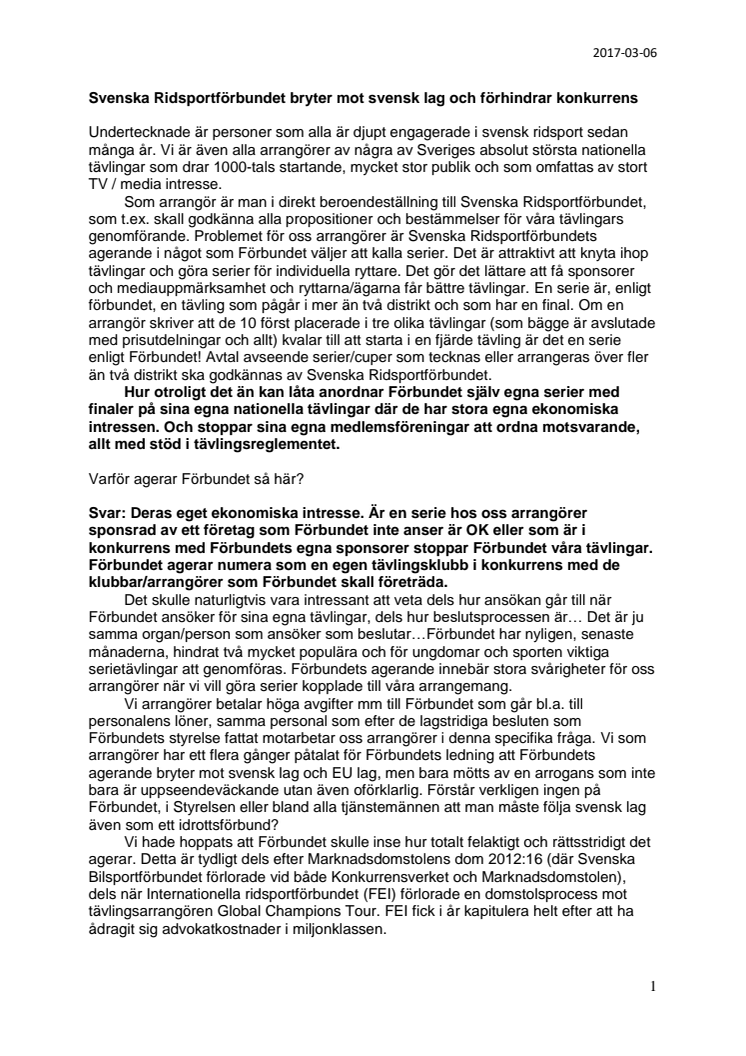 Svenska Ridsportförbundet bryter mot svensk lag och förhindrar konkurrens