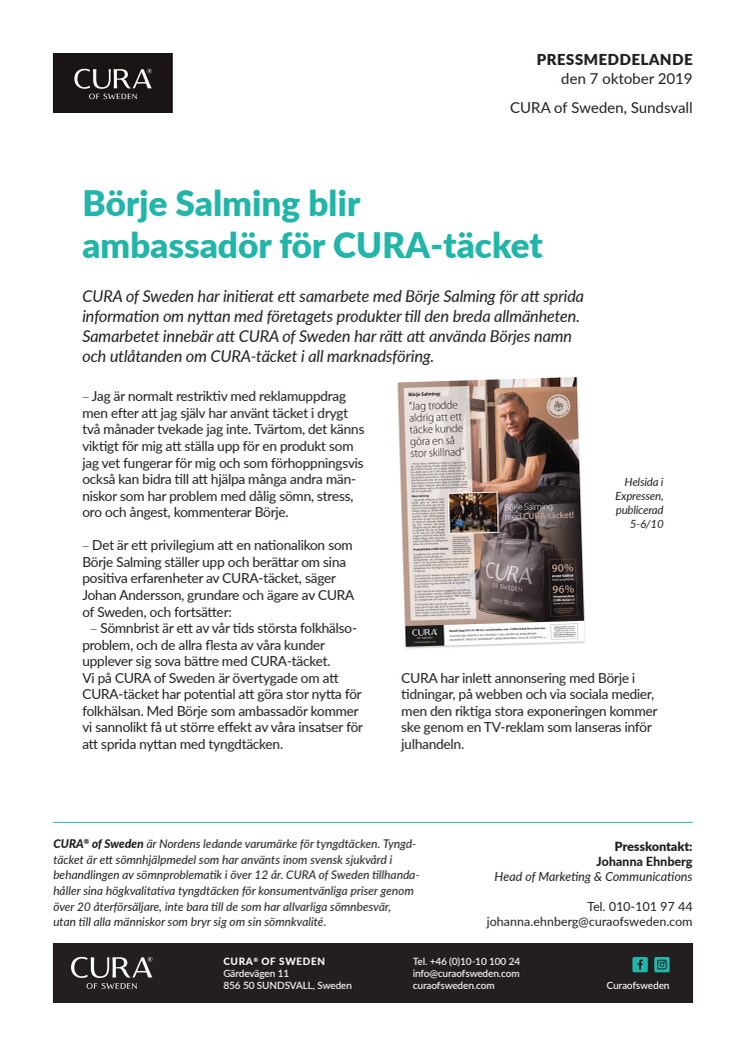 Börje Salming blir ambassadör för CURA-täcket