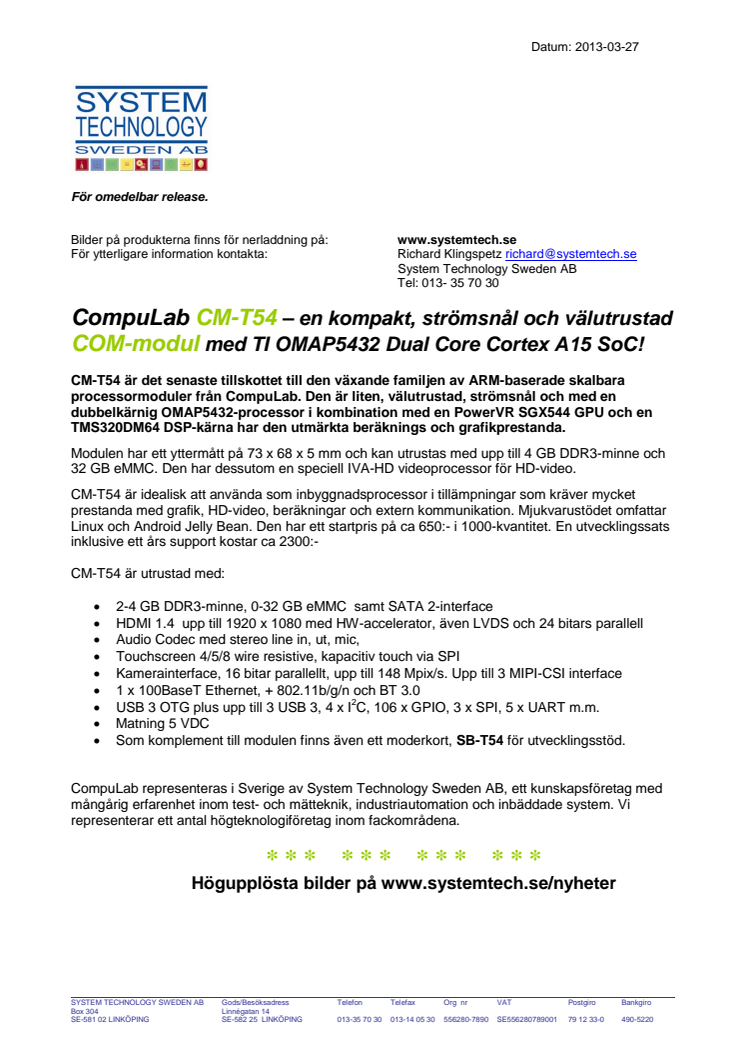 CompuLab CM-T54 – kompakt, strömsnål och välutrustad COM-modul