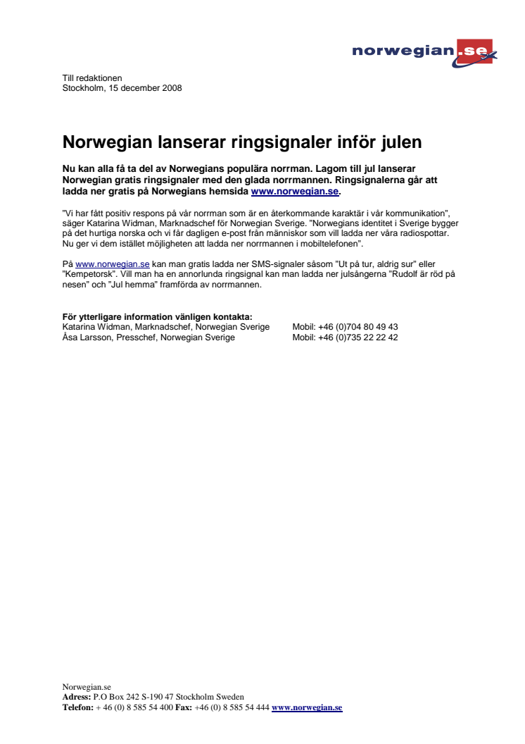 Norwegian lanserar ringsignaler inför julen