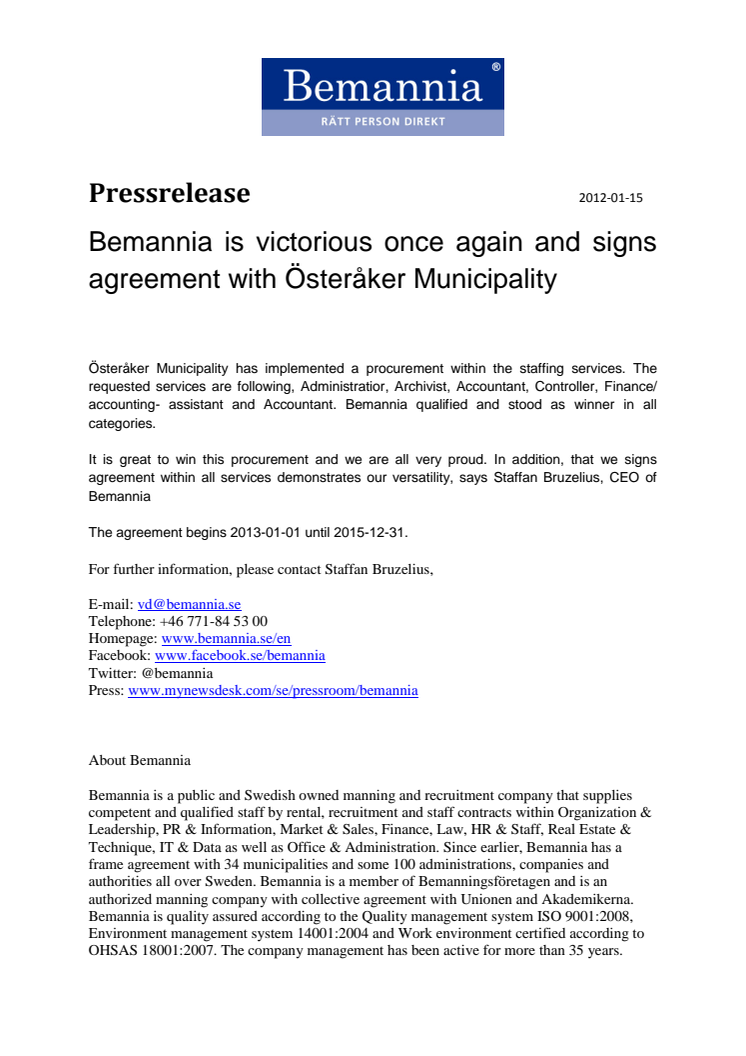 Bemannia is victorious once again and signs agreement with Österåker Municipality