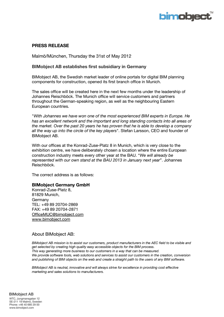 BIMobject AB establishes subsidiary in Germany