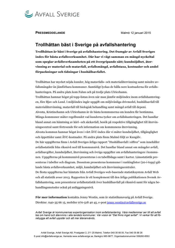 Trollhättan bäst i Sverige på avfallshantering