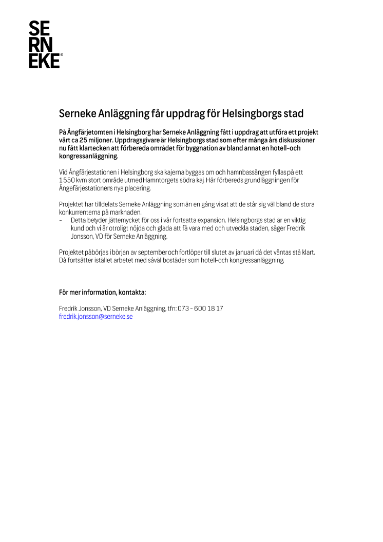 Serneke Anläggning får uppdrag för Helsingborgs stad