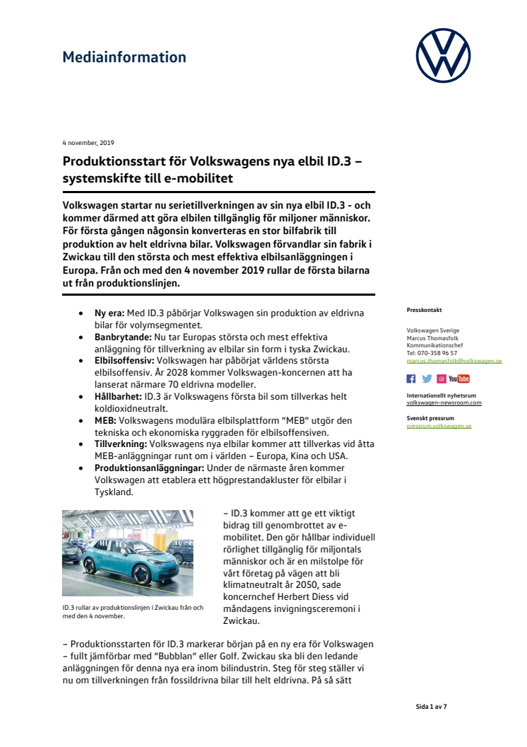 Produktionsstart för Volkswagens nya elbil ID.3 – systemskifte till e-mobilitet
