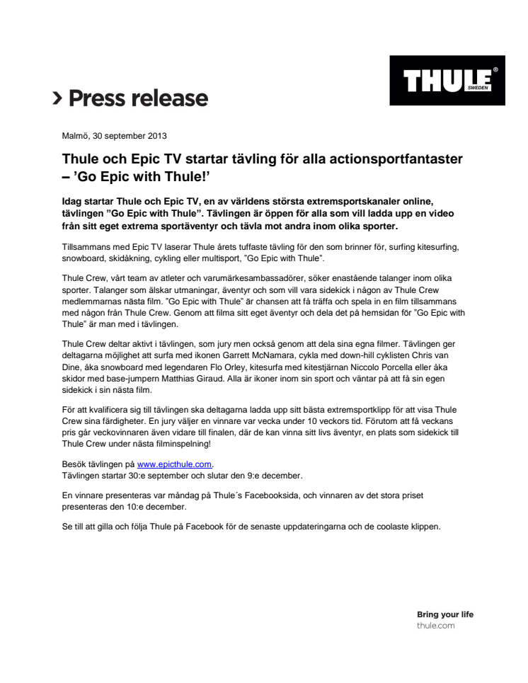 Thule och Epic TV startar tävling för alla actionsportfantaster – ’Go Epic with Thule!’