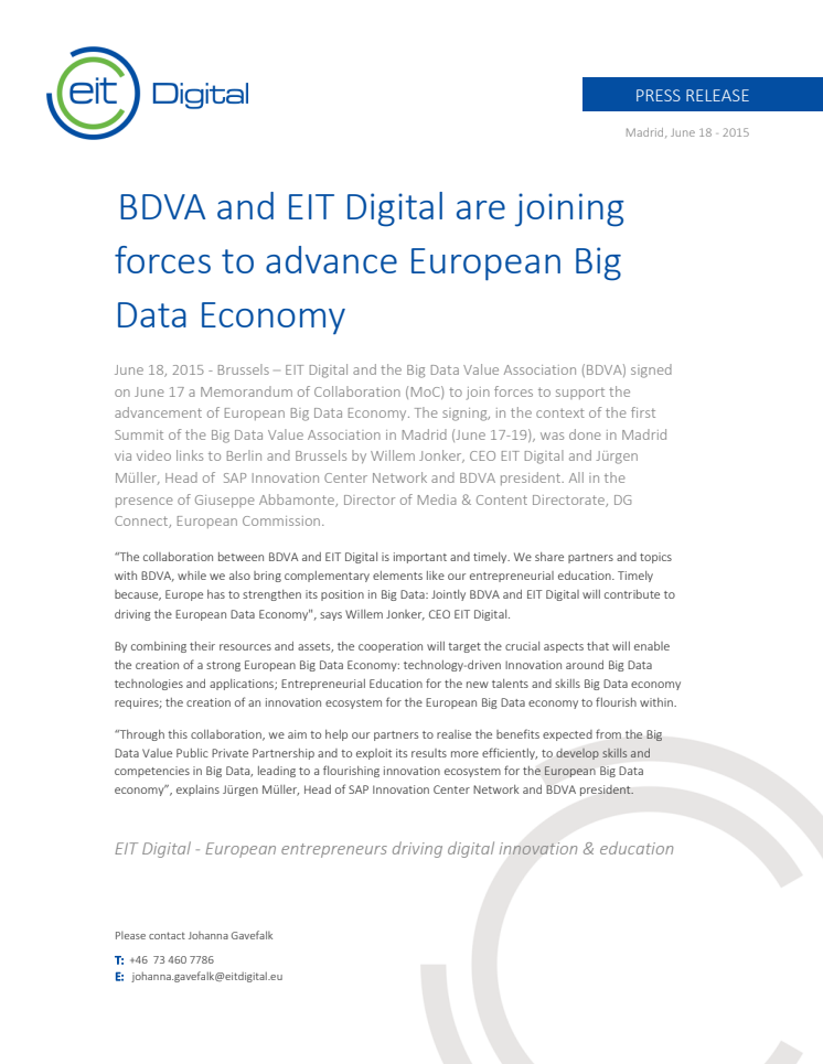 BDVA and EIT Digital are joining forces to advance European Big Data Economy