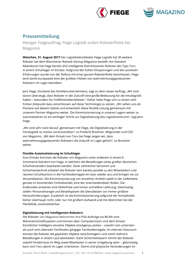 Riesiger Folgeauftrag: FIEGE Logistik ordert Roboterflotte bei Magazino