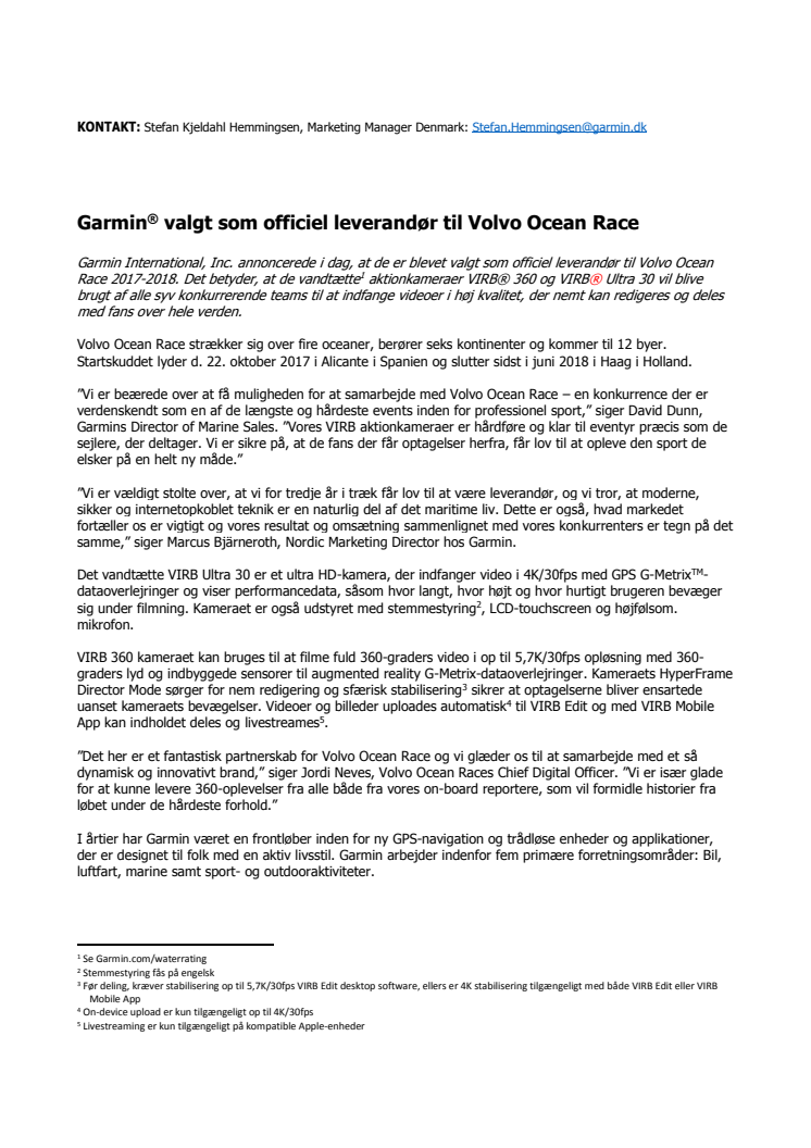 Garmin® valgt som officiel leverandør til Volvo Ocean Race