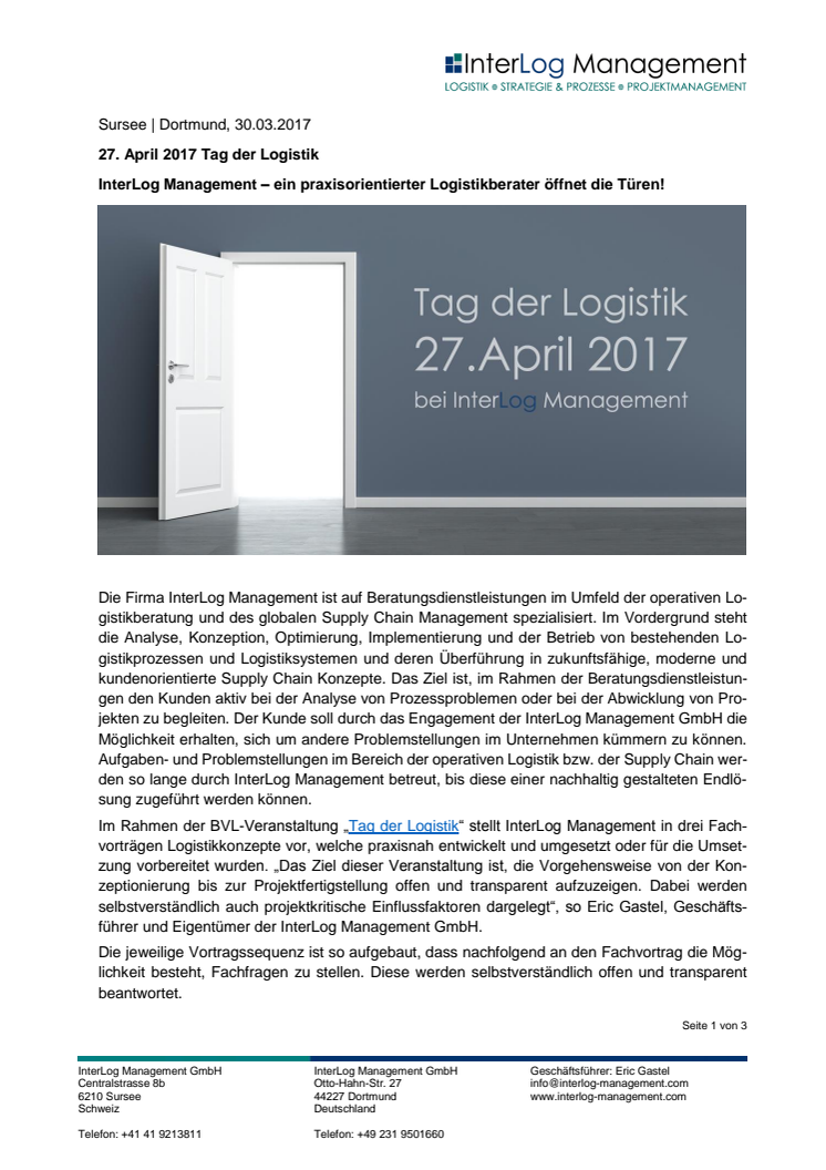 27. April 2017 Tag der Logistik | InterLog Management - ein praxisorientierter Logistikberater öffnet die Türen!