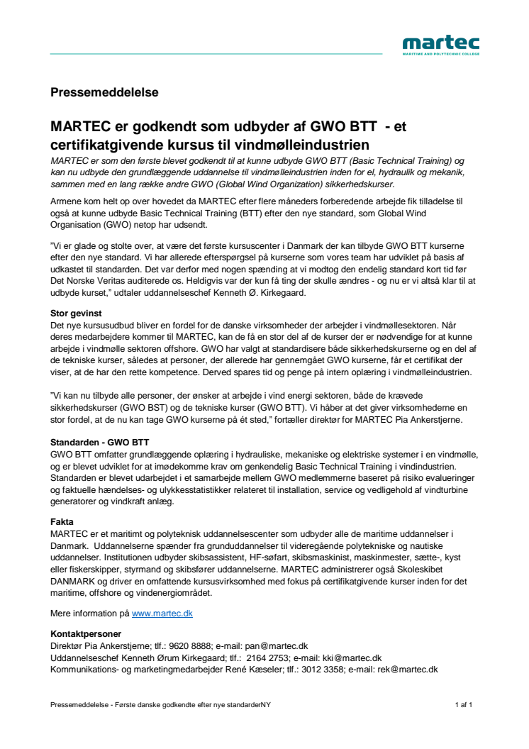 MARTEC er godkendt som udbyder af GWO BTT  - et certifikatgivende kursus til vindmølleindustrien