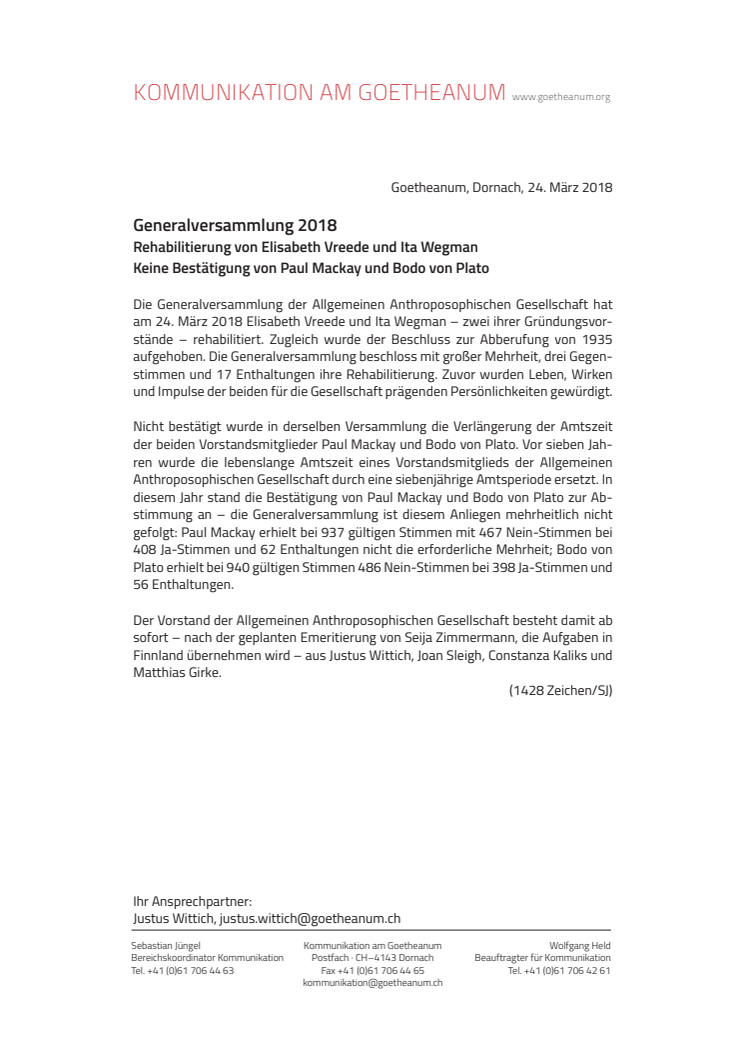 Allgemeine Anthroposophische Gesellschaft: Rehabilitierung von Elisabeth Vreede und Ita Wegman / Keine Bestätigung von Paul Mackay und Bodo von Plato als Mitglieder des Vorstands