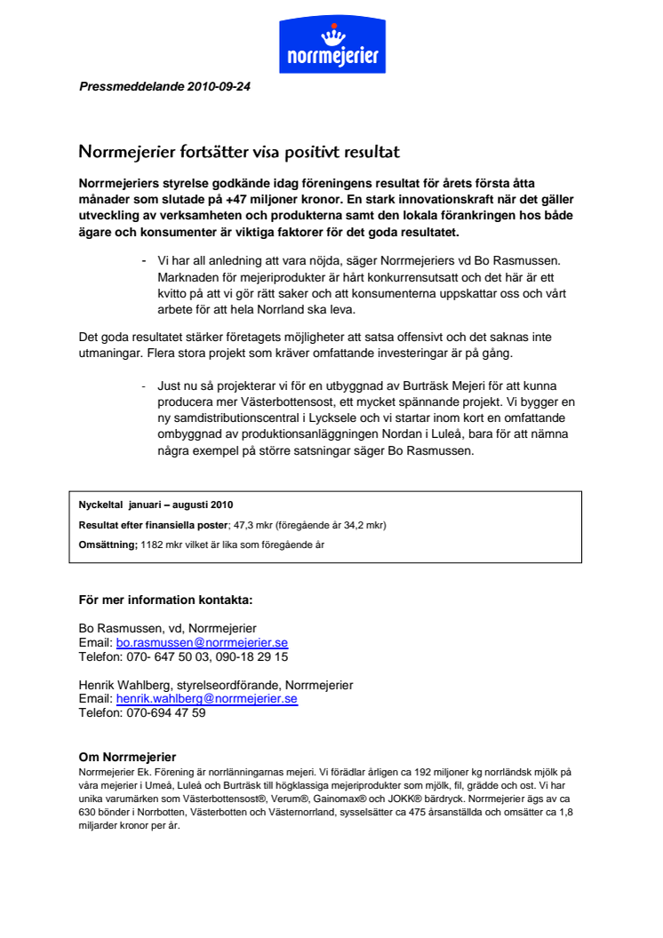 Norrmejerier fortsätter visa positivt resultat