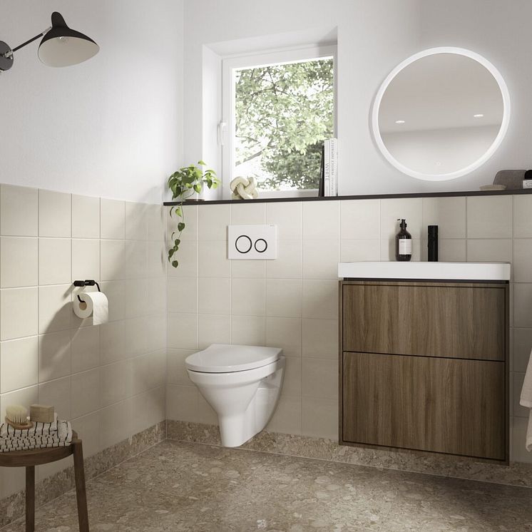 IDO Glow Classic wc-istuin, IDO Sense Art allaskaappi ja Geberit Option Round peili