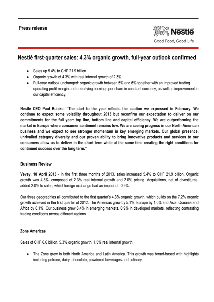 Nestlés kvartalsresultat visar på 4,3% tillväxt - i linje med årsmålet