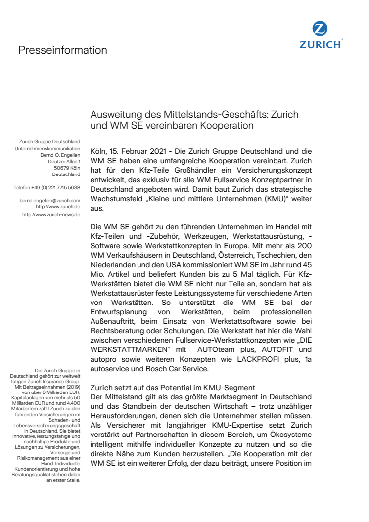 Ausweitung des Mittelstands-Geschäfts: Zurich und WM SE vereinbaren Kooperation