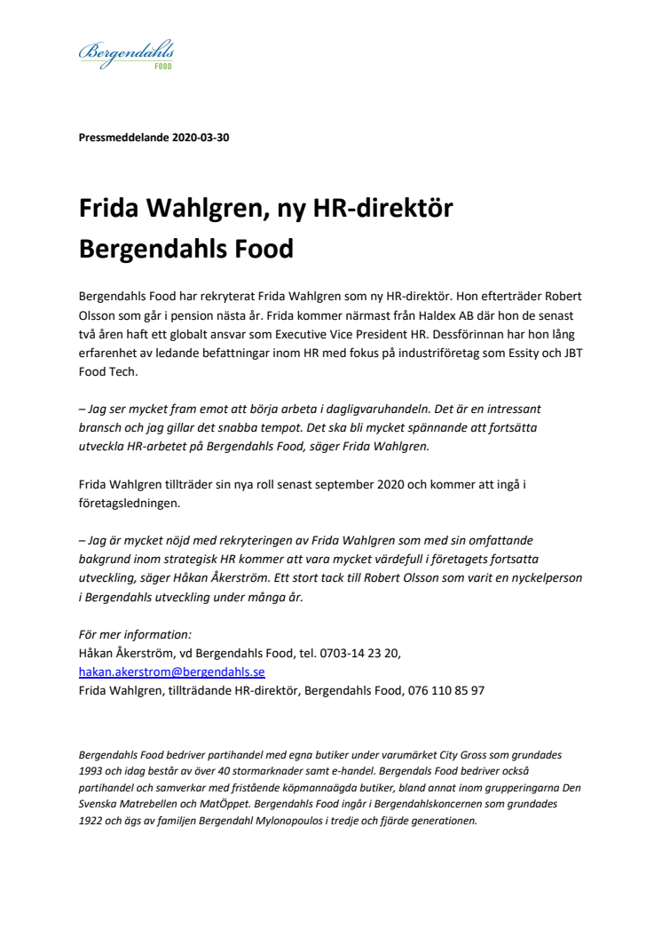 Frida Wahlgren, ny HR-direktör Bergendahls Food