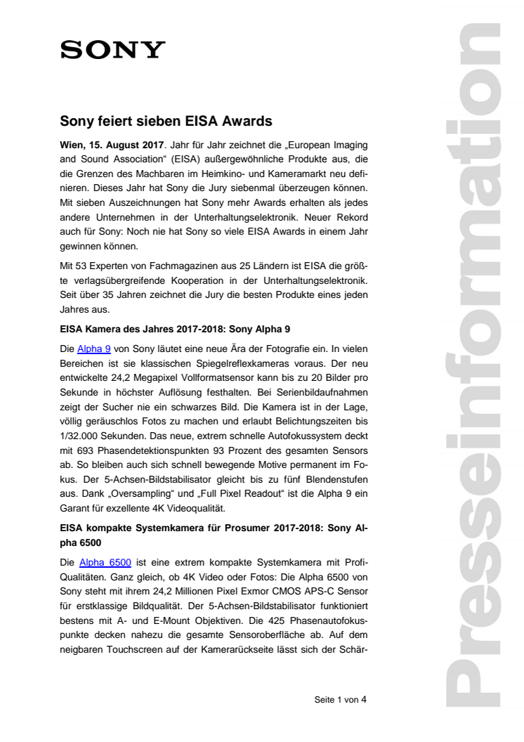 Sony feiert sieben EISA Awards