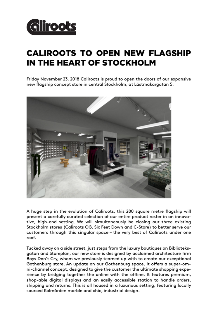 CALIROOTS TO OPEN NEW FLAGSHIP IN THE HEART OF STOCKHOLM