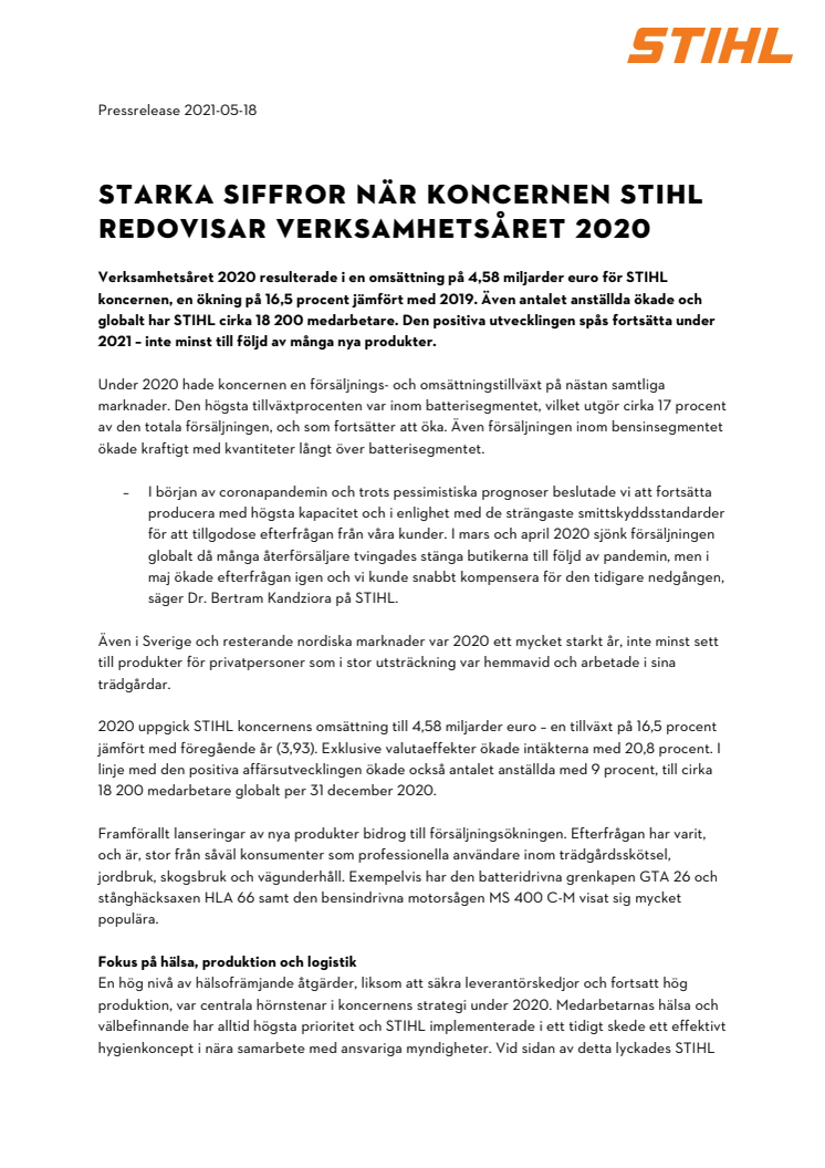 Starka siffror när koncernen STIHL redovisar verksamhetsåret 2020