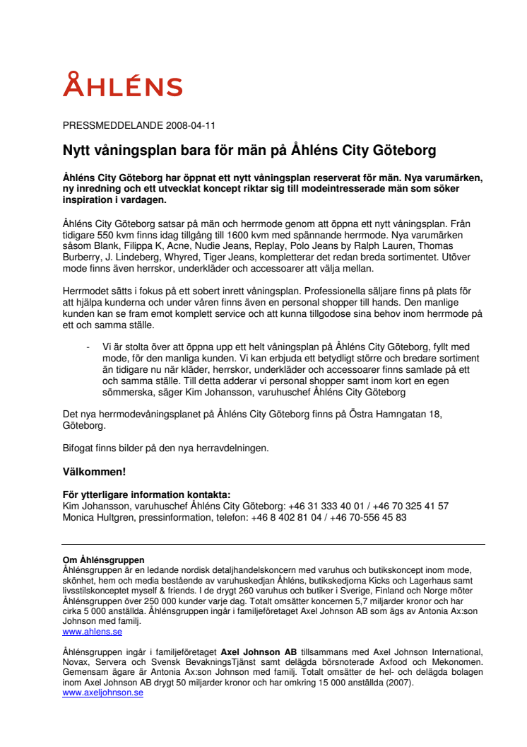Nytt våningsplan bara för män på Åhléns City Göteborg