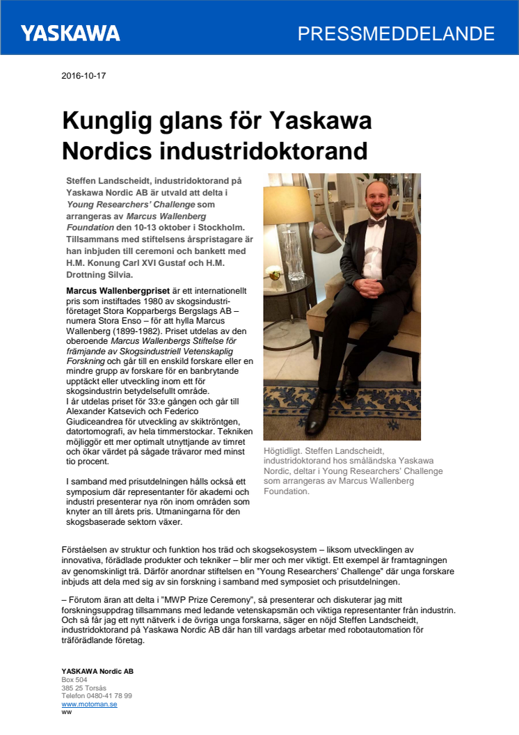 Kunglig glans för Yaskawa Nordics industridoktorand