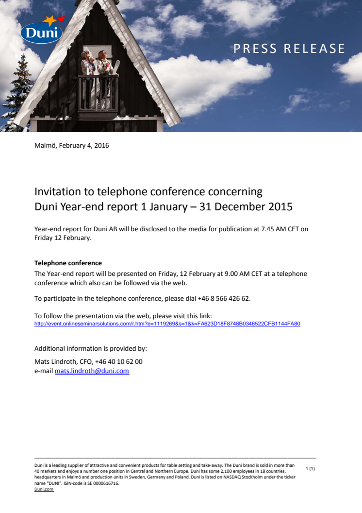 Invitation to telephone conference concerning Duni Year-end report 1 January – 31 December 2015