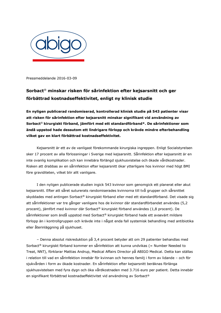 Sorbact® minskar risken för sårinfektion efter kejsarsnitt och ger förbättrad kostnadseffektivitet, enligt ny klinisk studie