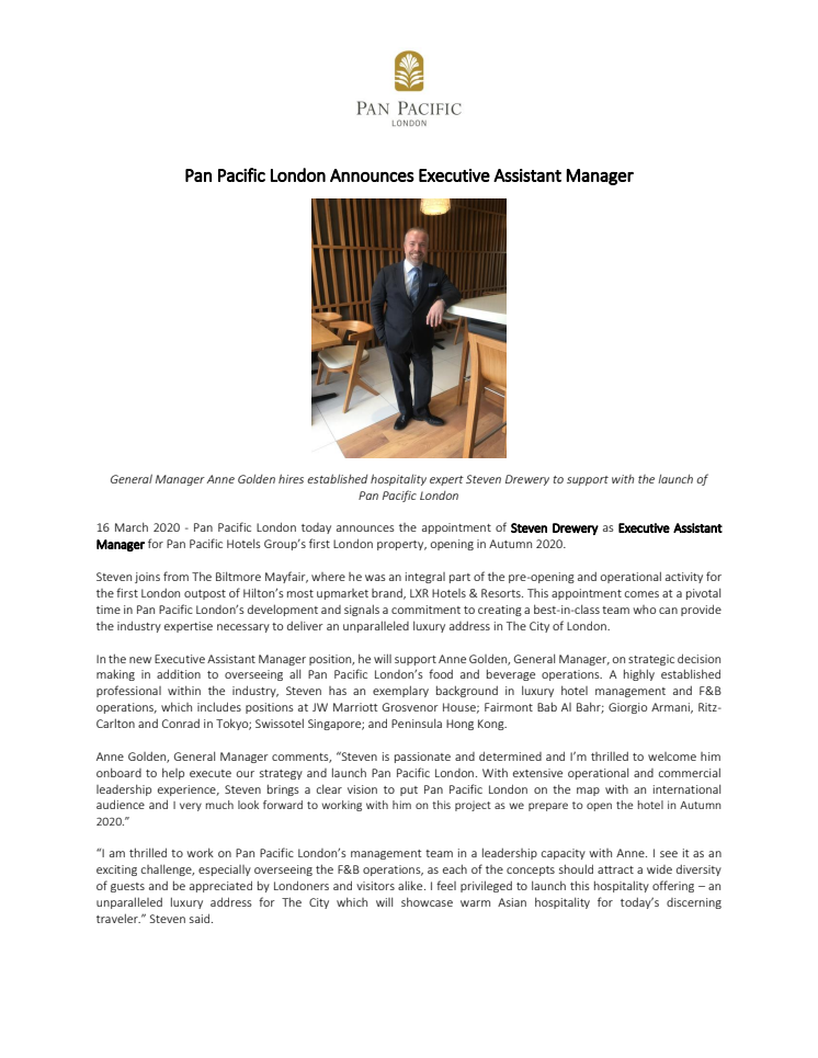 Pan Pacific London Announces Executive Assistant Manager 