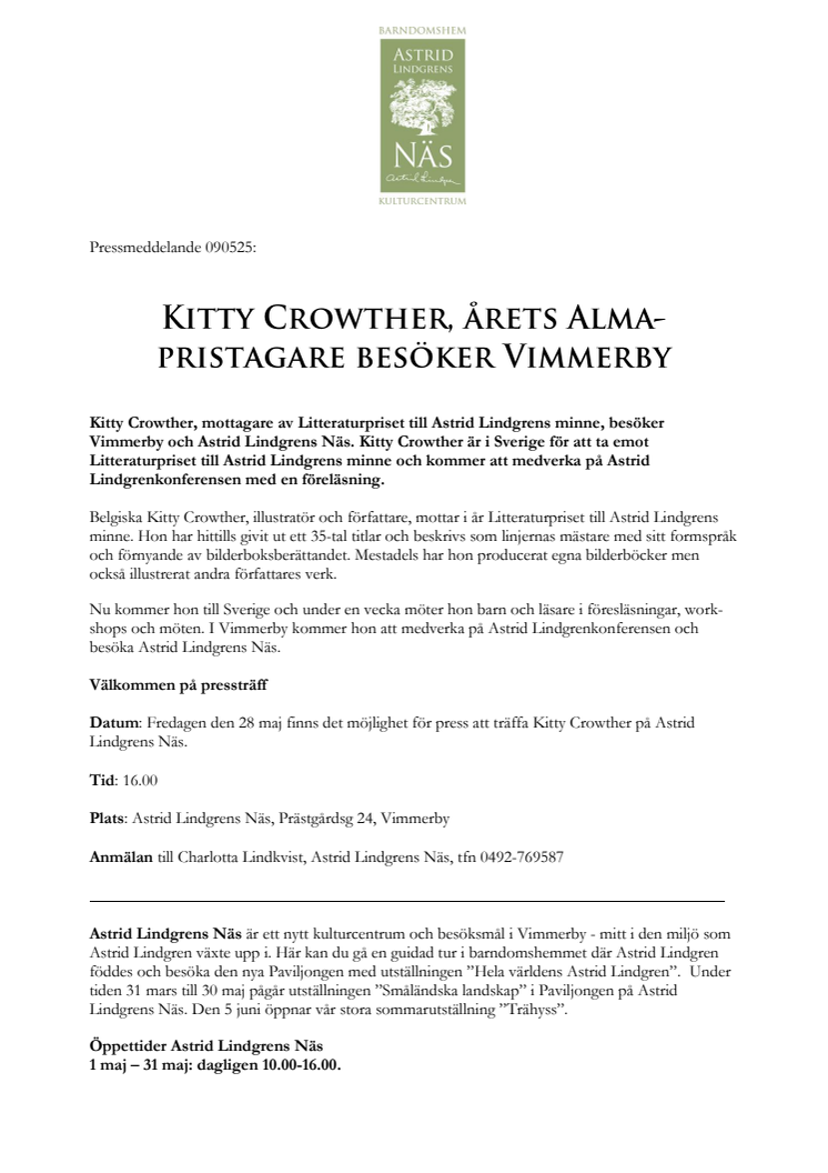 Kitty Crowther, årets Alma-pristagare besöker Vimmerby