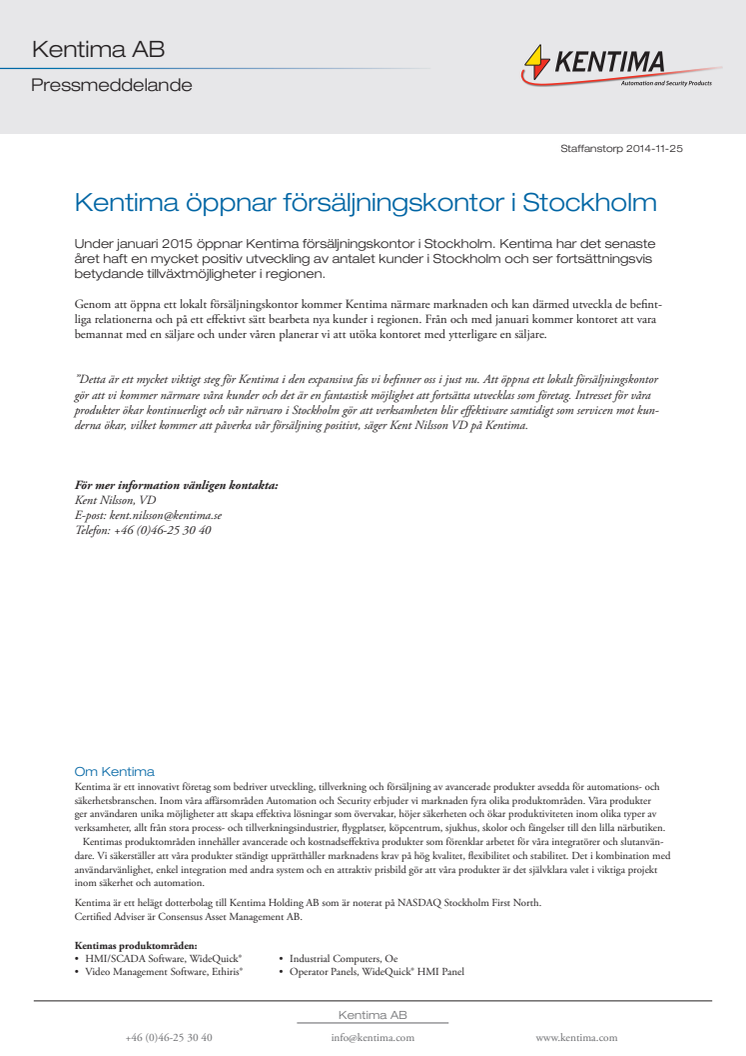Kentima öppnar försäljningskontor i Stockholm